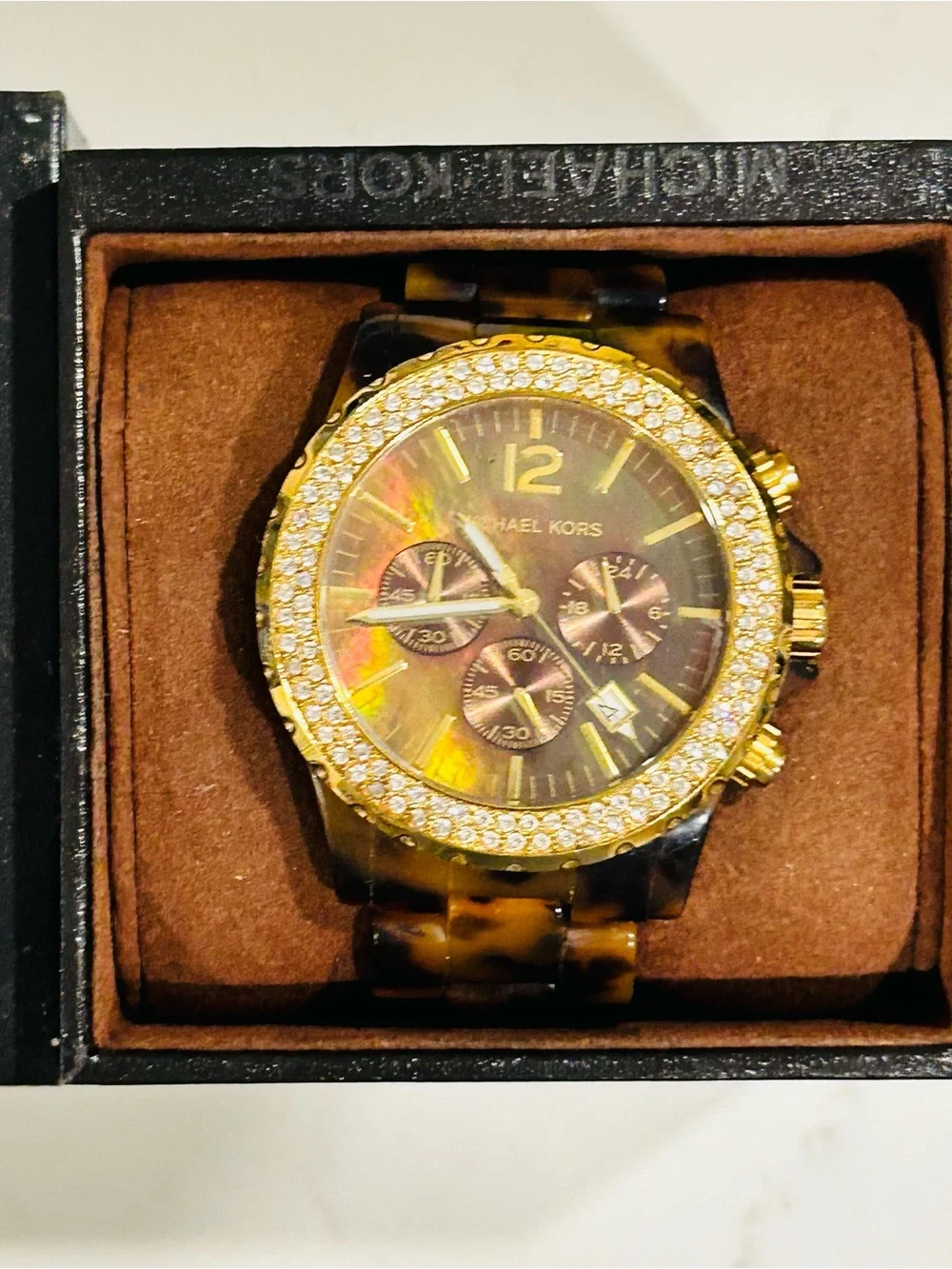 Michael Kors Tortoiseshell and Gold Crystal-Accented Men's Watch